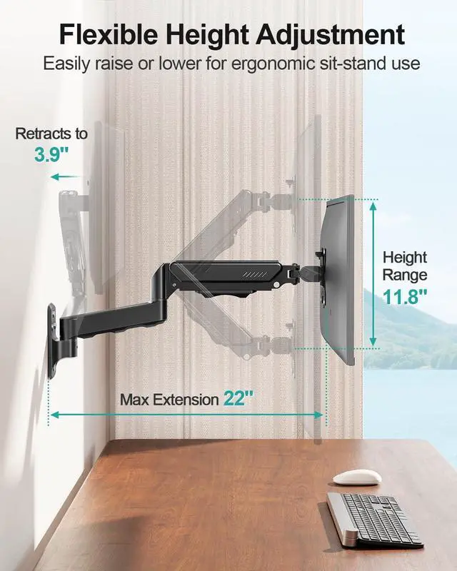 Alt view image 4 of 7 - MOUNT PRO Monitor Wall Mount for 13 to 32 Inch Screens, Holds up to 19.8lbs | Single Monitor Mount with Tilt/Swivel/Rotation Adjustable, Gas Spring Wall Arm VESA Mount 75x75mm/100x100mm