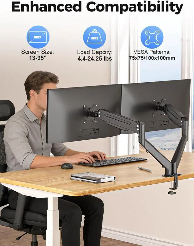 Alt view image 2 of 7 - Suptek Dual Monitor Mount Stand-Height Adjustable Gas Spring Monitor Arm Desk Mount for 2 Computer Screens 17 to 35 inches - Each Arm Holds up to 24.25lbs,Black(MD8SP)