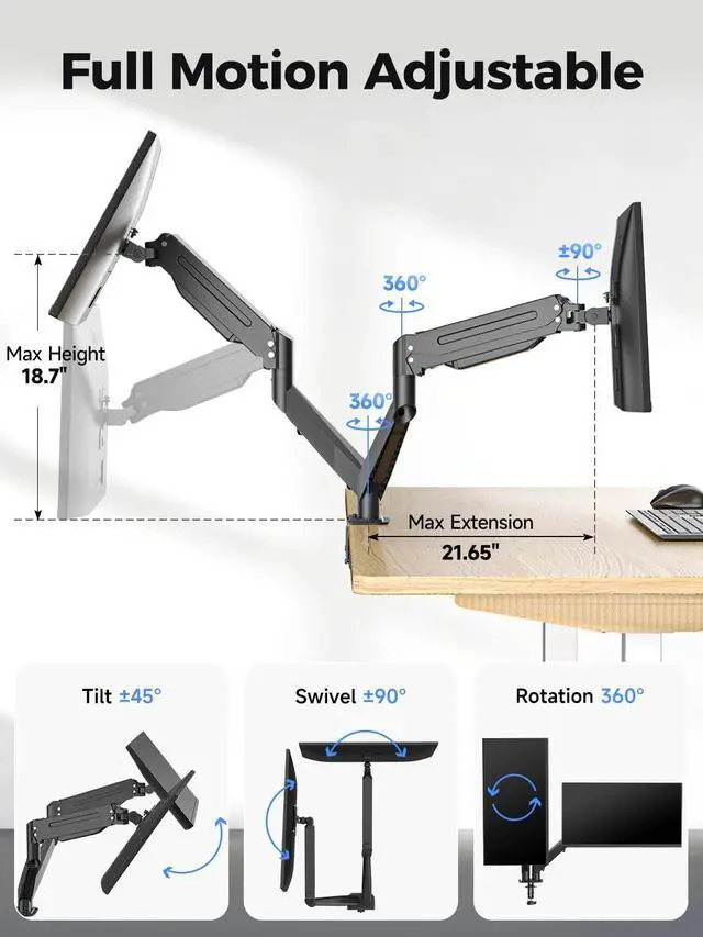 Alt view image 3 of 7 - Suptek Dual Monitor Mount Stand-Height Adjustable Gas Spring Monitor Arm Desk Mount for 2 Computer Screens 17 to 35 inches - Each Arm Holds up to 24.25lbs,Black(MD8SP)