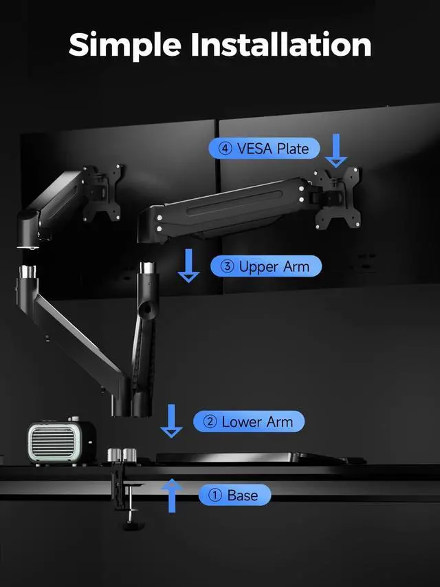 Alt view image 7 of 7 - Suptek Dual Monitor Mount Stand-Height Adjustable Gas Spring Monitor Arm Desk Mount for 2 Computer Screens 17 to 35 inches - Each Arm Holds up to 24.25lbs,Black(MD8SP)