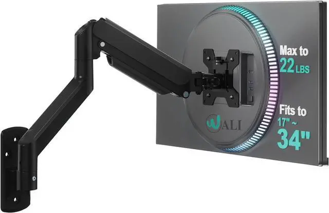 Main image of WALI Single Monitor Wall Mount for 17-34 inch Computer Screensup to 22 lbs | Wall Mount Monitor Arm, Full Motion with Height Adjustment, Tilt, Swivel, Rotation, VESA 75/100mm (GSWM001), Black
