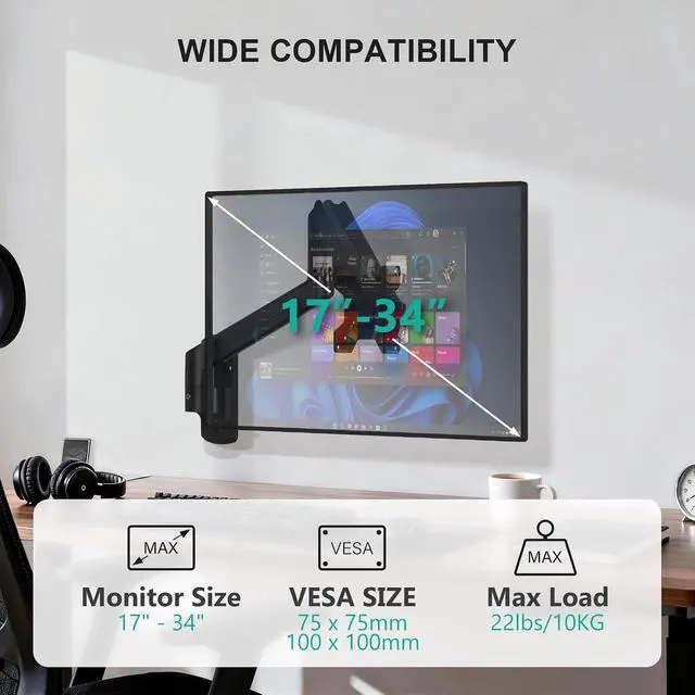 Alt view image 2 of 7 - WALI Single Monitor Wall Mount for 17-34 inch Computer Screensup to 22 lbs | Wall Mount Monitor Arm, Full Motion with Height Adjustment, Tilt, Swivel, Rotation, VESA 75/100mm (GSWM001), Black
