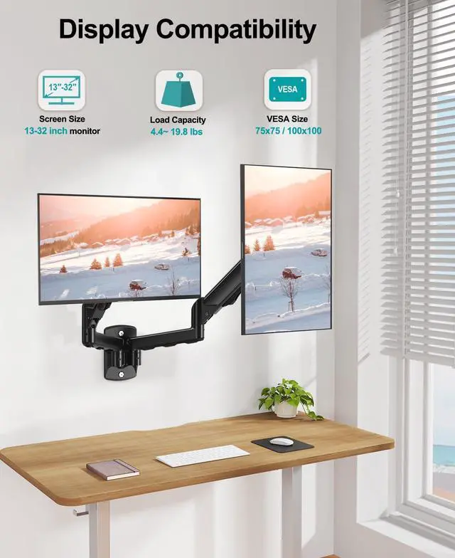 Alt view image 2 of 7 - MOUNT PRO Dual Monitor Wall Mount for 2 Computer Screen up to 32 Inch, Gas Spring Double Monitor Arm Holds Up to 19.8lbs Each, Full Motion Adjustable Wall Monitor Mount, VESA Mount 75x75/100x100