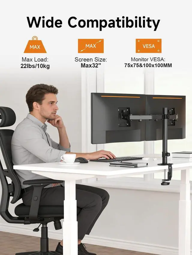 Alt view image 3 of 7 - Dual Fully Adjustable Monitor Arm Stand Mount Fits Two Screen 13-32 inch 22lbs for Monitor Computer Screen 13 15 17 19 20 22 23 24 26 27 32inch VESA 75 100 (MD7442)