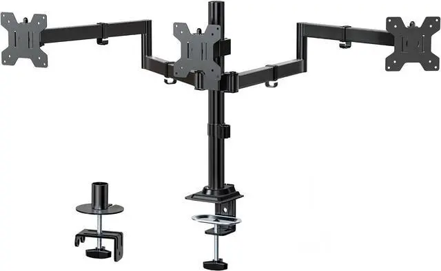 Main image of WALI Adjustable Triple Monitor Mount for 13-27 inch Screens, 22 lbs per Arm | 3 Monitor Desk Mount, Full Motion with Tilt, Swivel, Rotation, C-Clamp & Grommet Base, VESA 75/100mm (M003S), Black