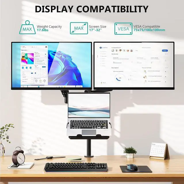 Alt view image 2 of 7 - WALI Dual Monitor and Laptop Stand for 17" Notebook and 32" Screens | 3-in-1 Adjustable Monitor Mount with Laptop Tray, Laptop Arm Mount for Desk, VESA 75x75 100x100, Black (GSDM003LP)