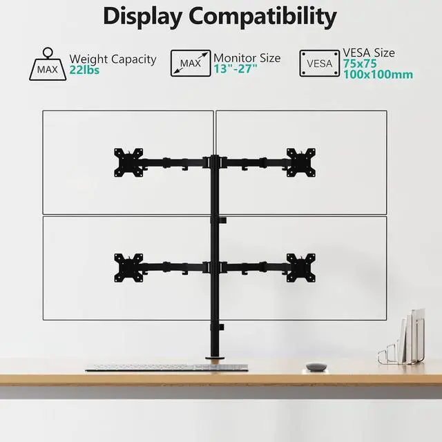 Alt view image 2 of 7 - WALI Quad Monitor Desk Mount, 4 Monitor Stand Fits Heavy Duty Computer Screen up to 27 inch, Full Adjustable Arm Holds up to 22 lbs per Arm (M004), Black