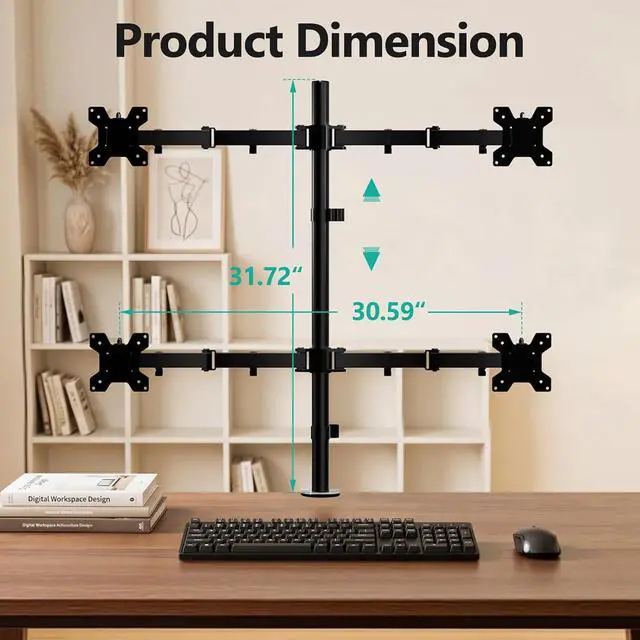 Alt view image 3 of 7 - WALI Quad Monitor Desk Mount, 4 Monitor Stand Fits Heavy Duty Computer Screen up to 27 inch, Full Adjustable Arm Holds up to 22 lbs per Arm (M004), Black