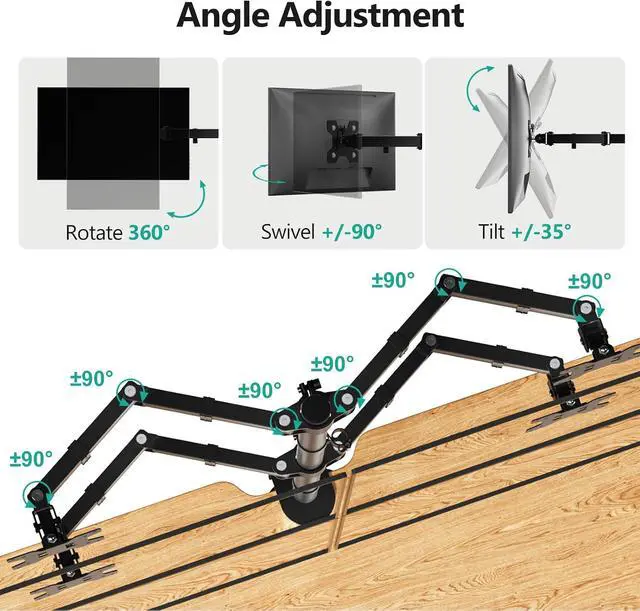 Alt view image 4 of 7 - WALI Quad Monitor Desk Mount, 4 Monitor Stand Fits Heavy Duty Computer Screen up to 27 inch, Full Adjustable Arm Holds up to 22 lbs per Arm (M004), Black