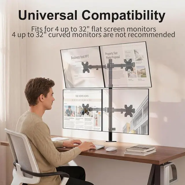 Alt view image 7 of 7 - WALI Quad Monitor Desk Mount, 4 Monitor Stand Fits Heavy Duty Computer Screen up to 27 inch, Full Adjustable Arm Holds up to 22 lbs per Arm (M004), Black