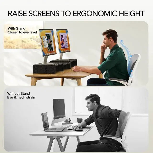 Alt view image 4 of 7 - AMERIERGO Dual Monitor Stand Riser for 2 Monitors, Monitor Stand for Desk, Adjustable Computer Monitor Stand with 2 Slot, Multifunctional Desktop Organizer Stand for Laptop, PC, Computer, Printer