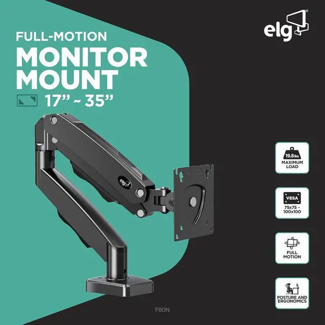 Alt view image 2 of 6 - ELG Gas Spring Monitor Arm, Full Motion, 20.9" Reach, 17-35" Screens 19.8 lbs, +85°/-30° Tilt, 360° Rotation, C-Clamp & Grommet, VESA 75x75 to 100x100mm, Cable Organizer, Black