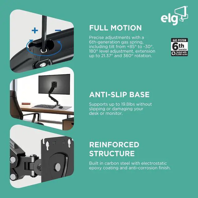 Alt view image 3 of 6 - ELG Gas Spring Monitor Arm, Full Motion, 20.9" Reach, 17-35" Screens 19.8 lbs, +85°/-30° Tilt, 360° Rotation, C-Clamp & Grommet, VESA 75x75 to 100x100mm, Cable Organizer, Black