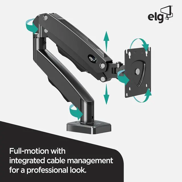 Alt view image 5 of 6 - ELG Gas Spring Monitor Arm, Full Motion, 20.9" Reach, 17-35" Screens 19.8 lbs, +85°/-30° Tilt, 360° Rotation, C-Clamp & Grommet, VESA 75x75 to 100x100mm, Cable Organizer, Black