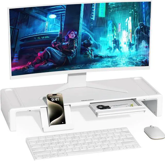 Main image of Monitor Stand Riser with Drawer & Phone Holder, Foldable Desk Organizer | Adjustable height laptop riser, built-in pen slot, space saving desktop organizer for home office White