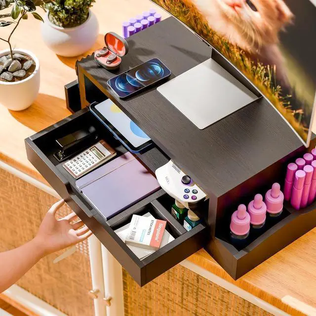 Alt view image 2 of 7 - Simple Trending Wood Monitor Stand Riser, Desktop Oraganizer, Black | Desk Organizer and Accessories, Laptop & Printer Stand, Drawer & Pen Holder, for Home Office, 20.25"W x 9.25"D x 5.5"H