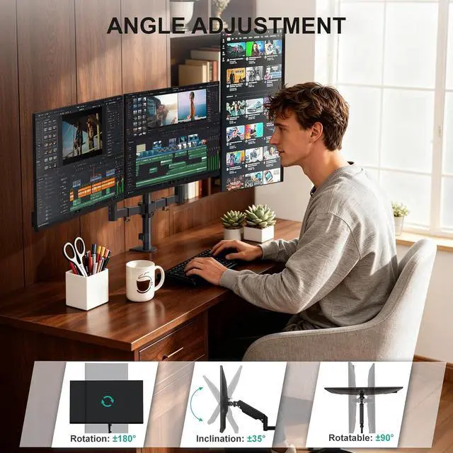Alt view image 4 of 7 - WALI Triple Monitor Mount for 13-32 inch Screens, up to 17.6 lbs per Arm | Adjustable 3 Monitor Desk Mount with Swivel, Tilt, Rotation, Triple Monitor Stand for Desk, VESA 75/100mm (GSDM003), Black