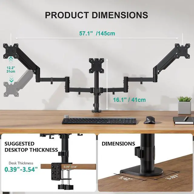 Alt view image 6 of 7 - WALI Triple Monitor Mount for 13-32 inch Screens, up to 17.6 lbs per Arm | Adjustable 3 Monitor Desk Mount with Swivel, Tilt, Rotation, Triple Monitor Stand for Desk, VESA 75/100mm (GSDM003), Black