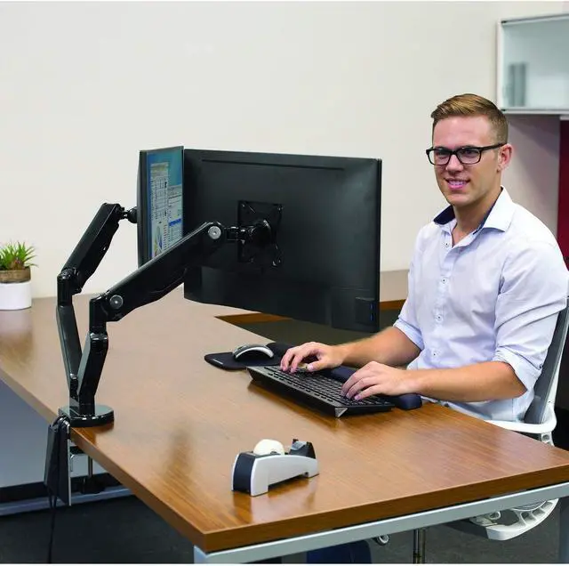 Alt view image 2 of 7 - Fellowes Platinum Series Dual Monitor Arm for 40-Inch Monitors, Full Motion, 360° Rotation, VESA Mount with Grommet or Clamp, USB Ports, Ergonomic, Black, 8042501
