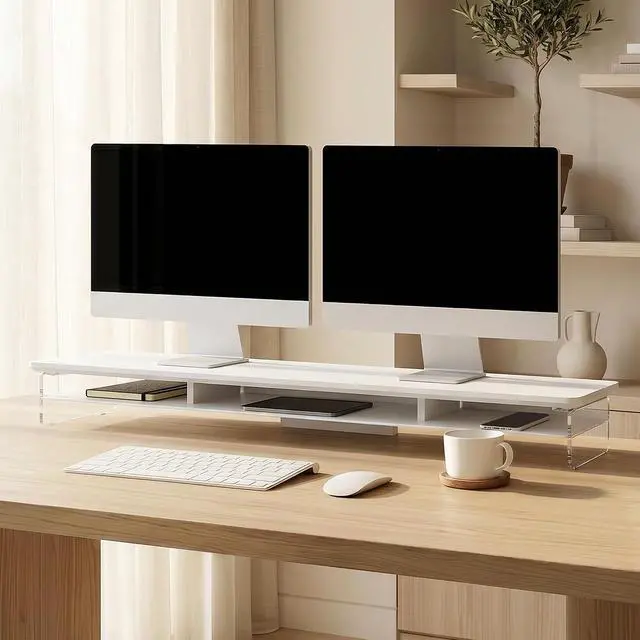 Alt view image 2 of 7 - Fenge 42.5" Dual Monitor Stand with Clear Acrylic Legs, White | Clear Acrylic, Storage Compartment, 2-tier Home Office Monitor Riser, Wide Large Desktop Shelf Fit Monitor/Laptop/Printer