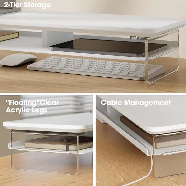 Alt view image 3 of 7 - Fenge 42.5" Dual Monitor Stand with Clear Acrylic Legs, White | Clear Acrylic, Storage Compartment, 2-tier Home Office Monitor Riser, Wide Large Desktop Shelf Fit Monitor/Laptop/Printer