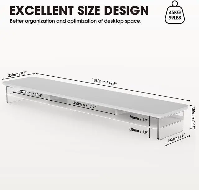 Alt view image 4 of 7 - Fenge 42.5" Dual Monitor Stand with Clear Acrylic Legs, White | Clear Acrylic, Storage Compartment, 2-tier Home Office Monitor Riser, Wide Large Desktop Shelf Fit Monitor/Laptop/Printer