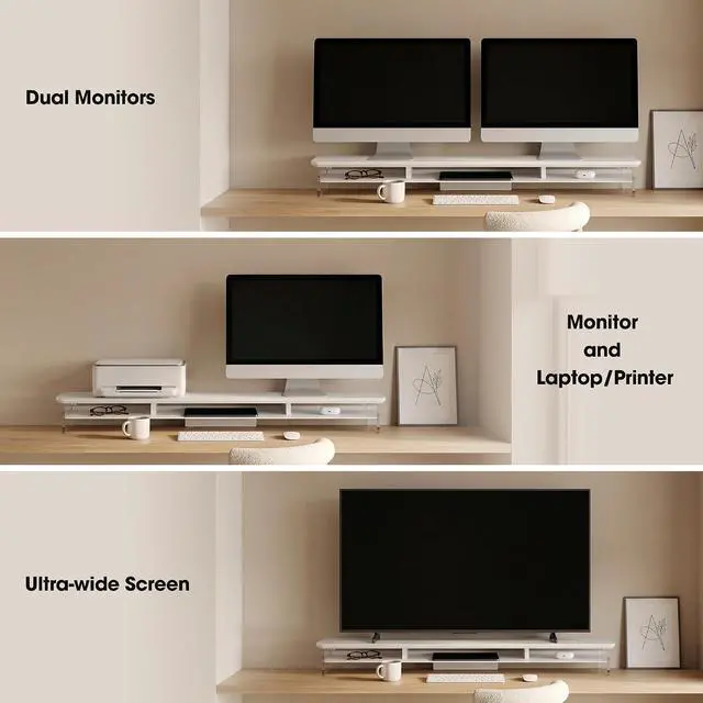 Alt view image 5 of 7 - Fenge 42.5" Dual Monitor Stand with Clear Acrylic Legs, White | Clear Acrylic, Storage Compartment, 2-tier Home Office Monitor Riser, Wide Large Desktop Shelf Fit Monitor/Laptop/Printer