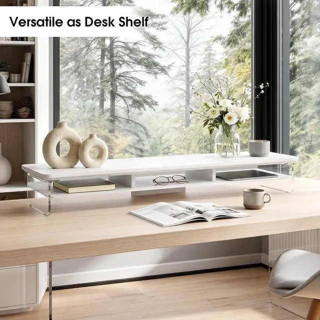 Alt view image 7 of 7 - Fenge 42.5" Dual Monitor Stand with Clear Acrylic Legs, White | Clear Acrylic, Storage Compartment, 2-tier Home Office Monitor Riser, Wide Large Desktop Shelf Fit Monitor/Laptop/Printer