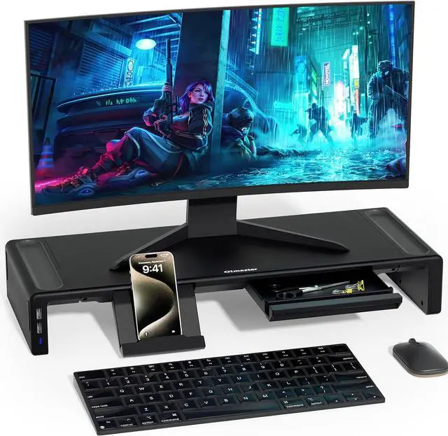 Main image of Adjustable Monitor Stand Riser with Drawer - Foldable Computer Stand for Desk, Desktop Organizer with Phone Holder & Pen Slot, Space Saving Laptop Riser for Home Office, Black