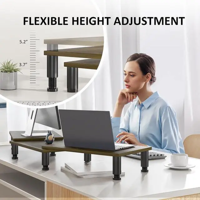 Alt view image 2 of 7 - Dual Monitor Stand Riser, Monitor Stand with Adjustable Length and Angle, Wood Monitor Stand for Desk, Monitor Riser for 2 Monitors with Storage Space