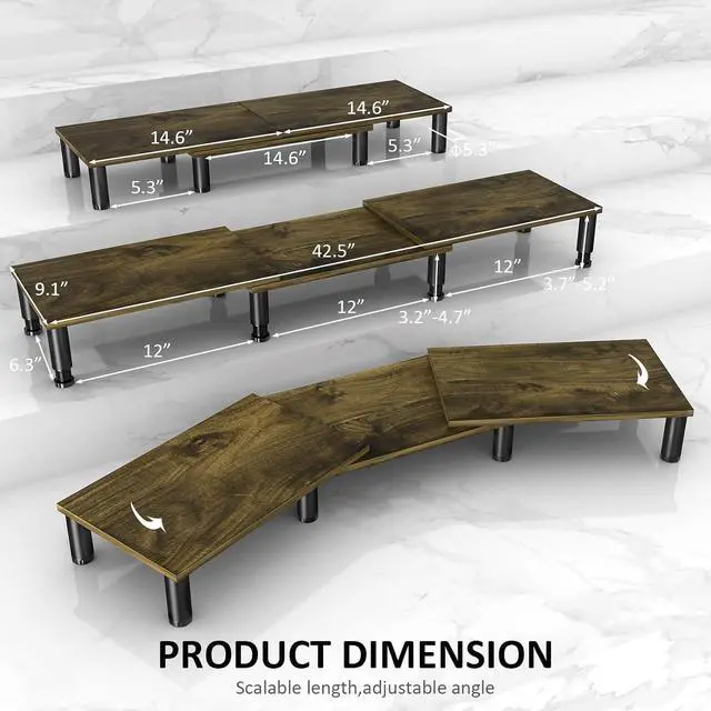 Alt view image 5 of 7 - Dual Monitor Stand Riser, Monitor Stand with Adjustable Length and Angle, Wood Monitor Stand for Desk, Monitor Riser for 2 Monitors with Storage Space