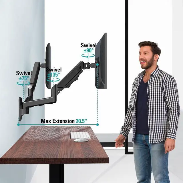 Alt view image 6 of 7 - Dual Monitor Wall Mount for 13-32" Computer Screens | Holds Up to 19.8lbs Each Monitor Mounts for 2 Monitors, Full Motion Gas Spring Monitor Arm with VESA 75x75/100x100