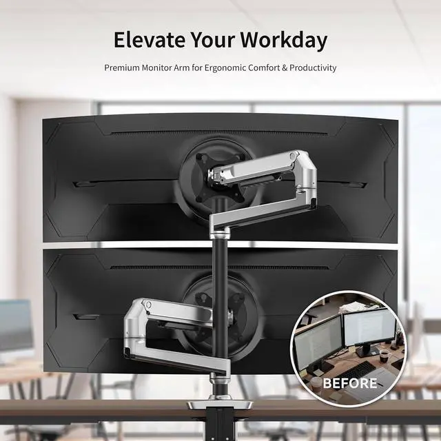 Alt view image 4 of 7 - Ergounion Premium Dual Monitor Stand for Desk, High-Grade Aluminum Stacked Monitor Arm with Heavy-Duty Mechanical Spring, Adjustable Vertical Double Monitor Mount for 13-40 inch Screens, Silver