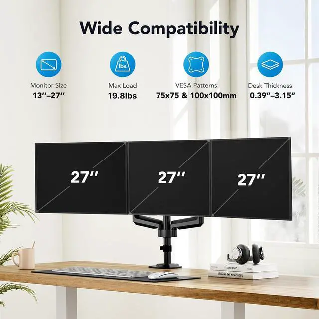 Alt view image 2 of 7 - HUANUO Triple Monitor Mount for 13-27 inch Computer Screens, Gaming 3 Monitor Desk Mount with Arm Holds 19.8lbs, Triple Monitors Stand with Tilt, Swivel, Rotation, VESA 75x75, 100x100mm