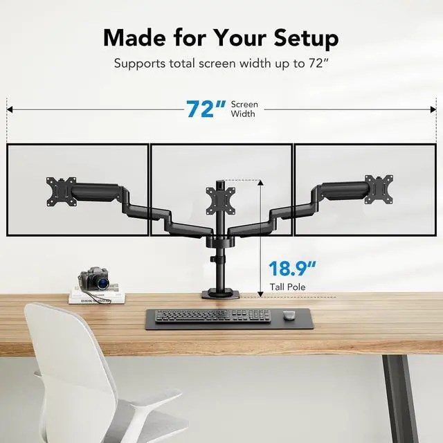 Alt view image 5 of 7 - HUANUO Triple Monitor Mount for 13-27 inch Computer Screens, Gaming 3 Monitor Desk Mount with Arm Holds 19.8lbs, Triple Monitors Stand with Tilt, Swivel, Rotation, VESA 75x75, 100x100mm