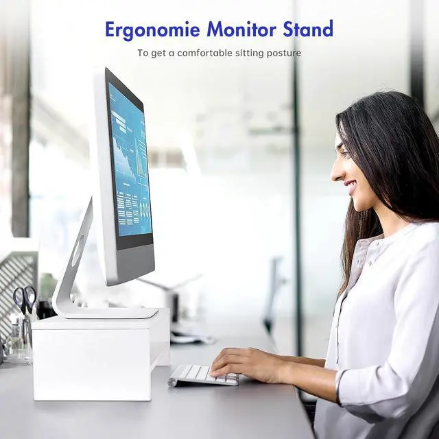 Alt view image 2 of 7 - BEYGORMMonitor Stand Riser, White, 16.5 inch, 2 Tiers Wood Desk Shelf | Computer Screen Stand with Storage, For Desktop Laptop/Screen/TV/PC/Printer 16.5"L x 7.8"W x 5.2"H