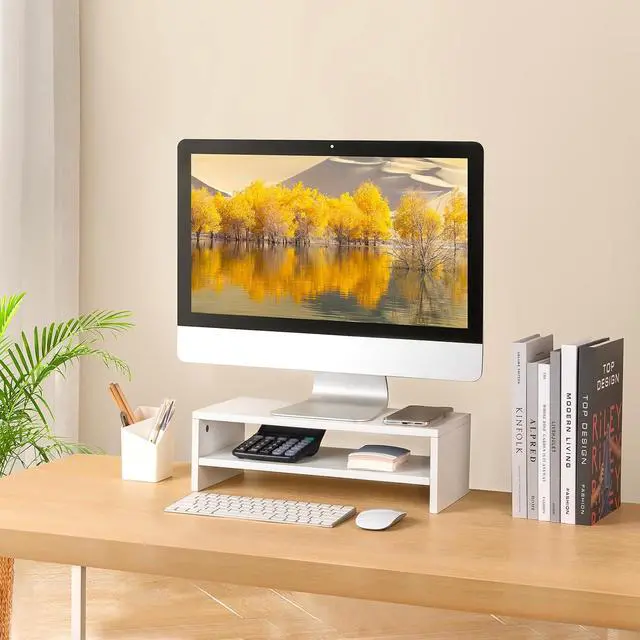 Alt view image 7 of 7 - BEYGORMMonitor Stand Riser, White, 16.5 inch, 2 Tiers Wood Desk Shelf | Computer Screen Stand with Storage, For Desktop Laptop/Screen/TV/PC/Printer 16.5"L x 7.8"W x 5.2"H