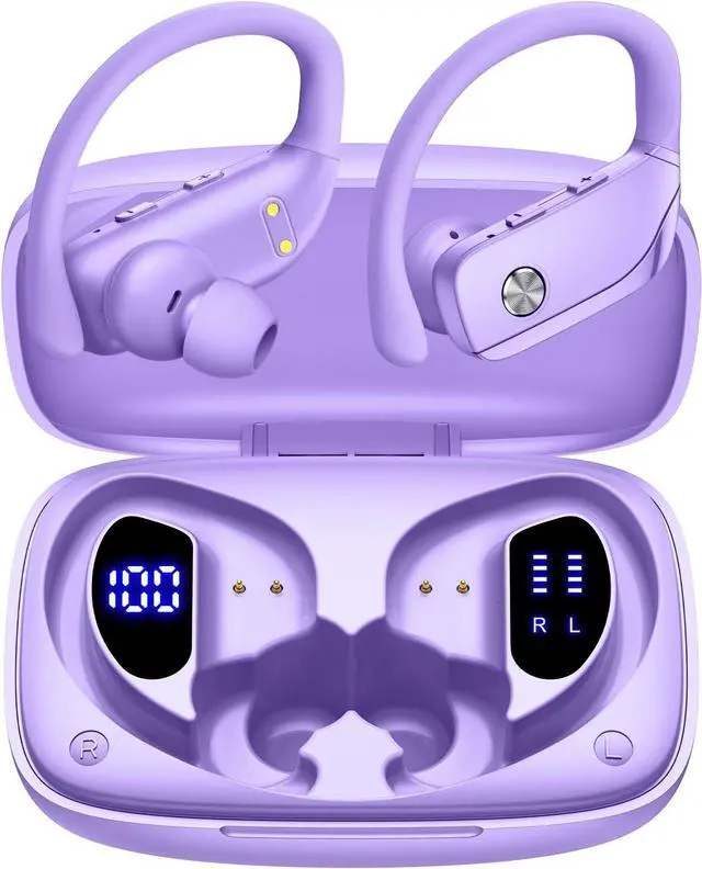 Main image of Wireless Earbuds Bluetooth Headphones Over Ear Hooks Ear Buds with 80H Playtime, LED Power Display, Dual Mic Clear Calls, Sports Wireless Ear Buds Bluetooth Earbuds for Running Gym Workout (Purple)