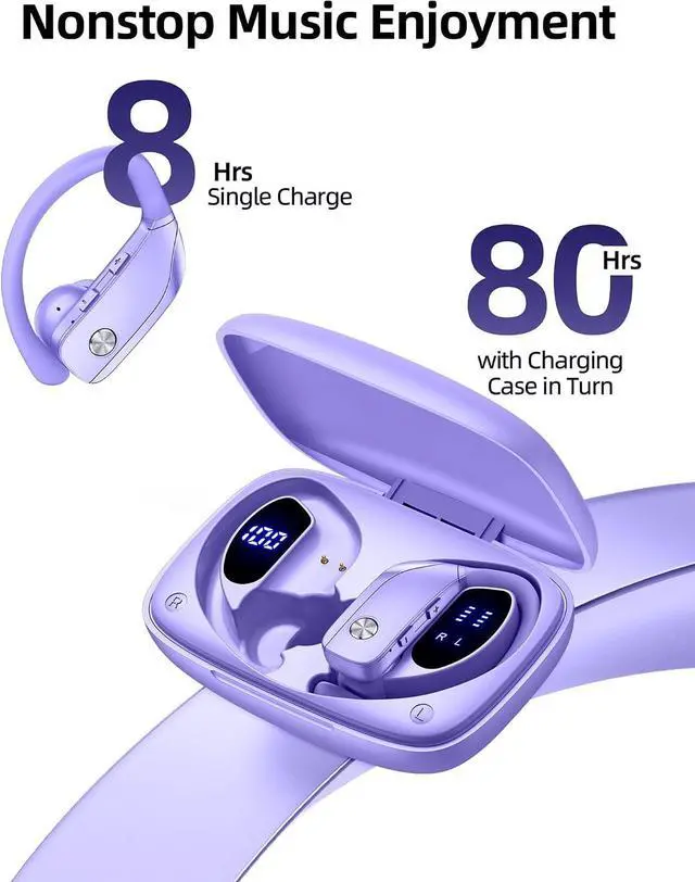 Alt view image 2 of 6 - Wireless Earbuds Bluetooth Headphones Over Ear Hooks Ear Buds with 80H Playtime, LED Power Display, Dual Mic Clear Calls, Sports Wireless Ear Buds Bluetooth Earbuds for Running Gym Workout (Purple)