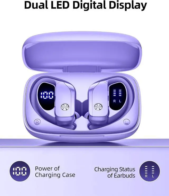 Alt view image 3 of 6 - Wireless Earbuds Bluetooth Headphones Over Ear Hooks Ear Buds with 80H Playtime, LED Power Display, Dual Mic Clear Calls, Sports Wireless Ear Buds Bluetooth Earbuds for Running Gym Workout (Purple)