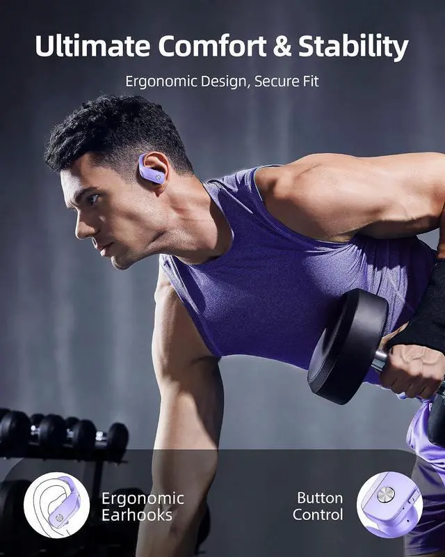 Alt view image 6 of 6 - Wireless Earbuds Bluetooth Headphones Over Ear Hooks Ear Buds with 80H Playtime, LED Power Display, Dual Mic Clear Calls, Sports Wireless Ear Buds Bluetooth Earbuds for Running Gym Workout (Purple)