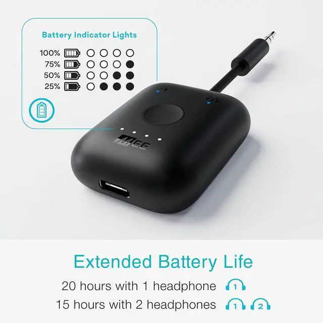 Alt view image 7 of 7 - MEE Audio Connect Air in-Flight Bluetooth Wireless Audio Transmitter Adapter for up to 2 AirPods/Other Headphones; Works with All 3.5mm Aux Jacks on Airplanes, Gym Equipment, TVs, & Gaming Consoles