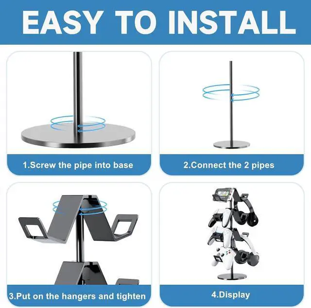 Alt view image 4 of 6 - Controller Holder 4 Tier,Headphone Stand for Xbox PS5 PS4 | Classical "W" shape,Adjustable,Gamepads and headset storage,For Gamer,Black,Stable,Gaming gift