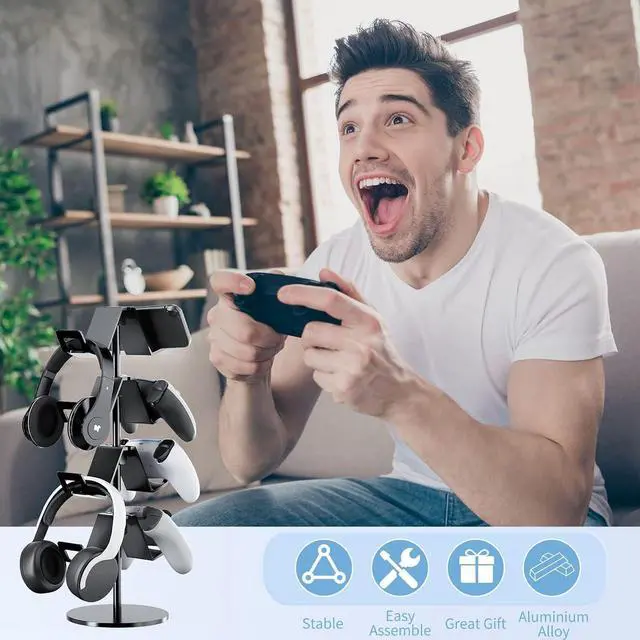 Alt view image 6 of 6 - Controller Holder 4 Tier,Headphone Stand for Xbox PS5 PS4 | Classical "W" shape,Adjustable,Gamepads and headset storage,For Gamer,Black,Stable,Gaming gift