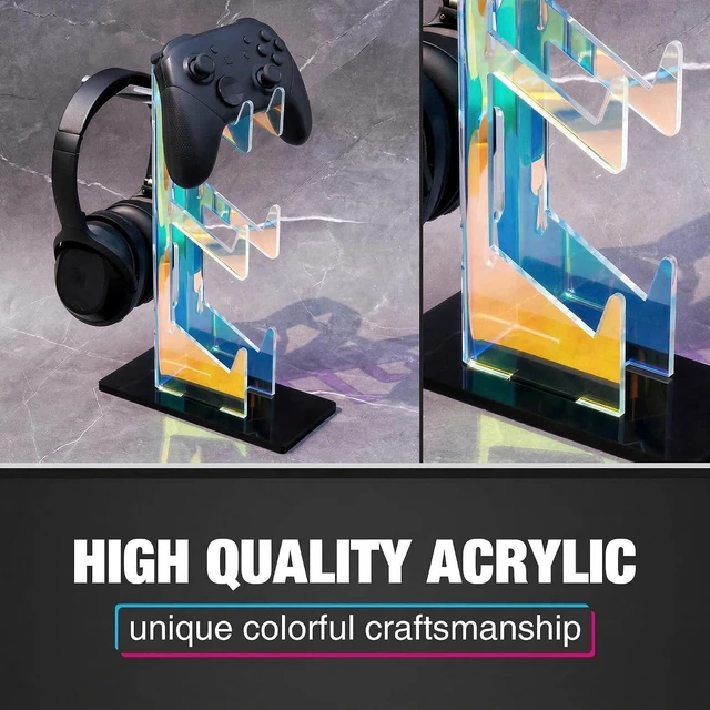 Alt view image 4 of 7 - NiHome Controller Holder Headphone Stand 3-Tier Iridescent Acrylic Gaming | Headset Mount With Anti-Slip Base, Cable Holes, Universal For PS5 Xbox Switch, Desk Organizer, Gamer Gifts