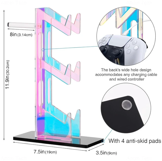 Alt view image 6 of 7 - NiHome Controller Holder Headphone Stand 3-Tier Iridescent Acrylic Gaming | Headset Mount With Anti-Slip Base, Cable Holes, Universal For PS5 Xbox Switch, Desk Organizer, Gamer Gifts