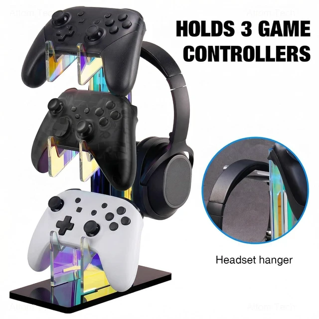 Alt view image 5 of 7 - NiHome Controller Holder Headphone Stand 3-Tier Iridescent Acrylic Gaming | Headset Mount With Anti-Slip Base, Cable Holes, Universal For PS5 Xbox Switch, Desk Organizer, Gamer Gifts