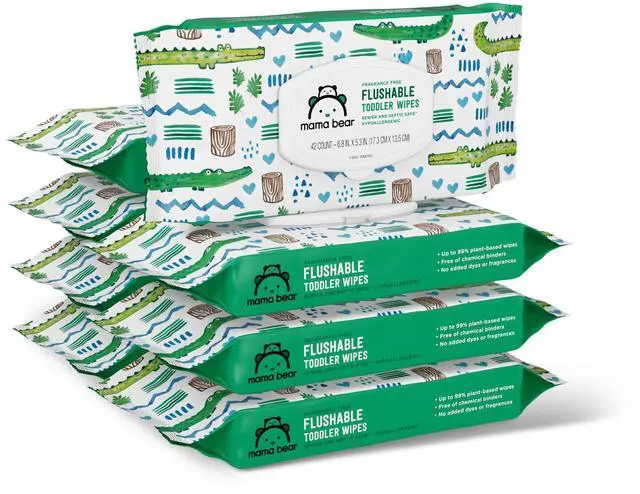 Main image of Amazon Brand - Mama Bear Flushable Toddler Toilet Wipes, Unscented, Formulated without Fragrance, Hypoallergenic, Septic Safe, 336 Count, 8 Packs of 43