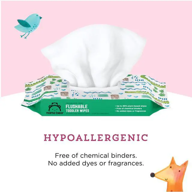 Alt view image 2 of 6 - Amazon Brand - Mama Bear Flushable Toddler Toilet Wipes, Unscented, Formulated without Fragrance, Hypoallergenic, Septic Safe, 336 Count, 8 Packs of 43