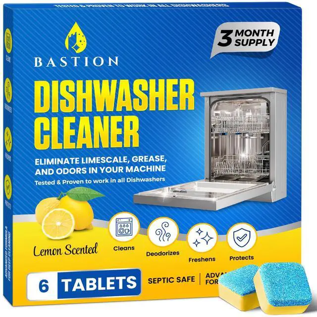 Main image of Bastion Dishwasher Cleaner Tablets, Lemon Scent, 3-Month Supply (6 Pods), Powerful Cleaning & Odor Removal, Descaling Tablets